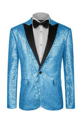 Chic Light Blue Peaked Lapel Sequined Prom Suit For Men
