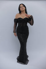 Chic Long Black Off-The-Shoulder Beaded Mermaid Evening Dress with Sequins and Detachable Sleeves