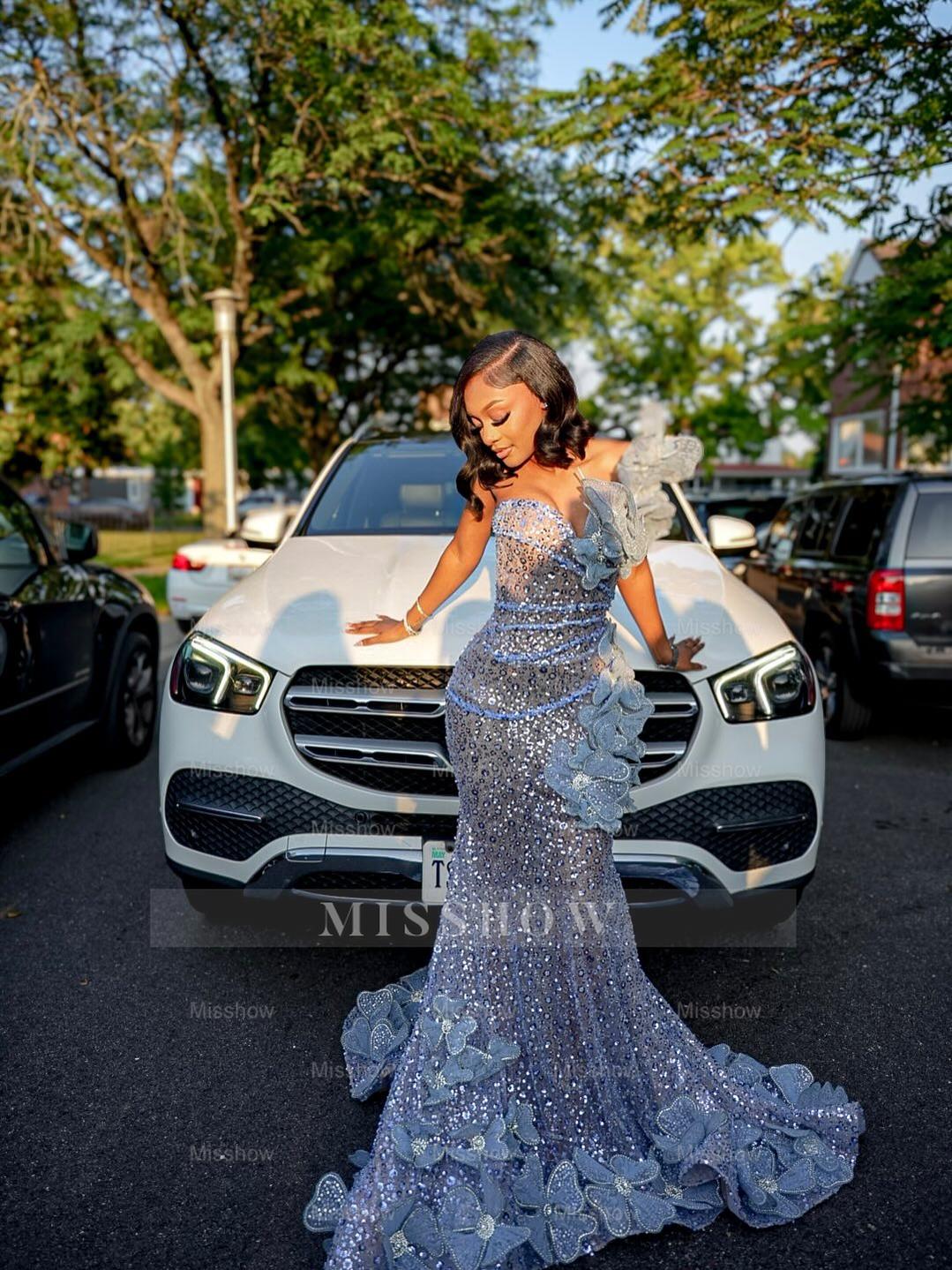 Chic Long Blue Sleeveless Mermaid Sequined Prom Dress with Rhinestones and 3D Flowers