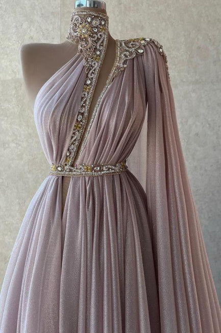 Chic Long Dusty Pink High Neck Lace Prom Evening Dresses with Glitter