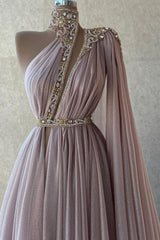 Chic Long Dusty Pink High Neck Lace Prom Evening Dresses with Glitter
