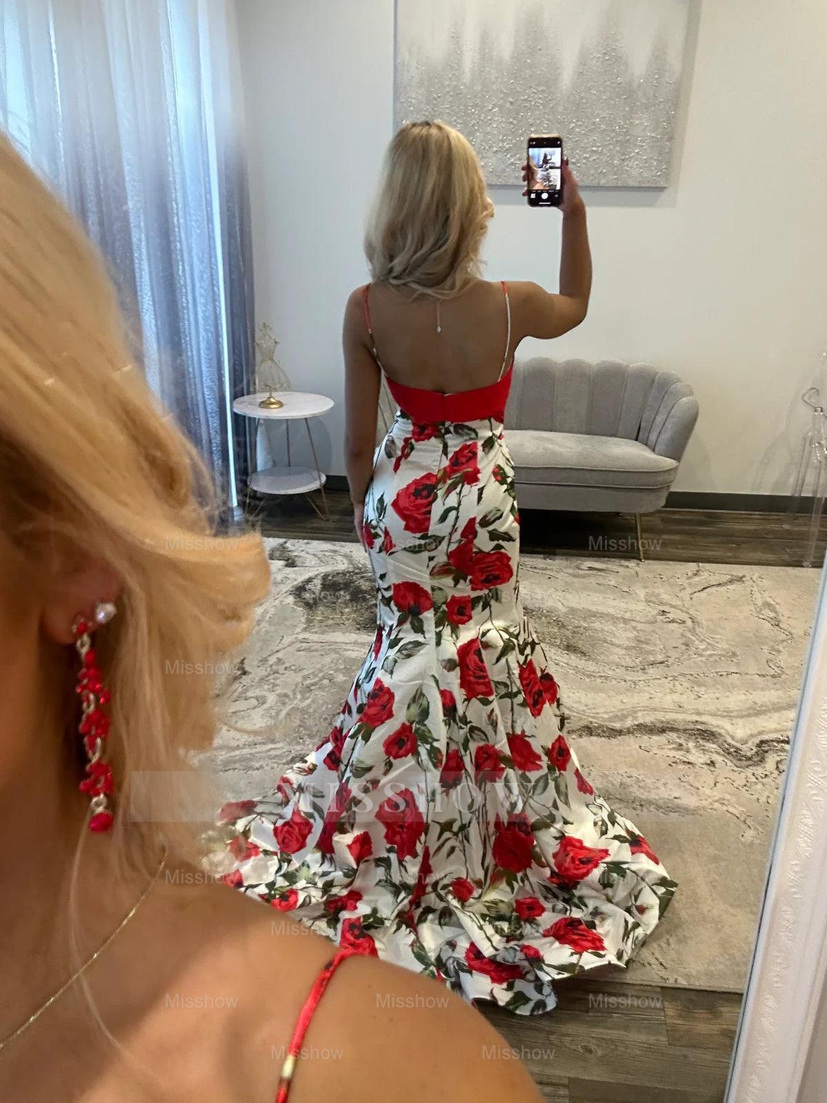 Chic Long Mermaid Speghetti Straps Floral V-neck Prom Dress