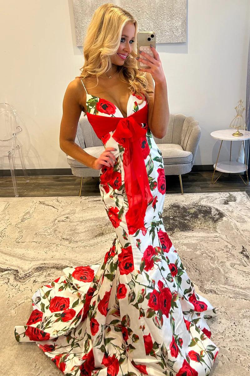 Chic Long Mermaid Speghetti Straps Floral V-neck Prom Dress