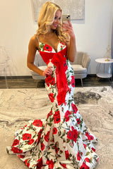 Chic Long Mermaid Speghetti Straps Floral V-neck Prom Dress