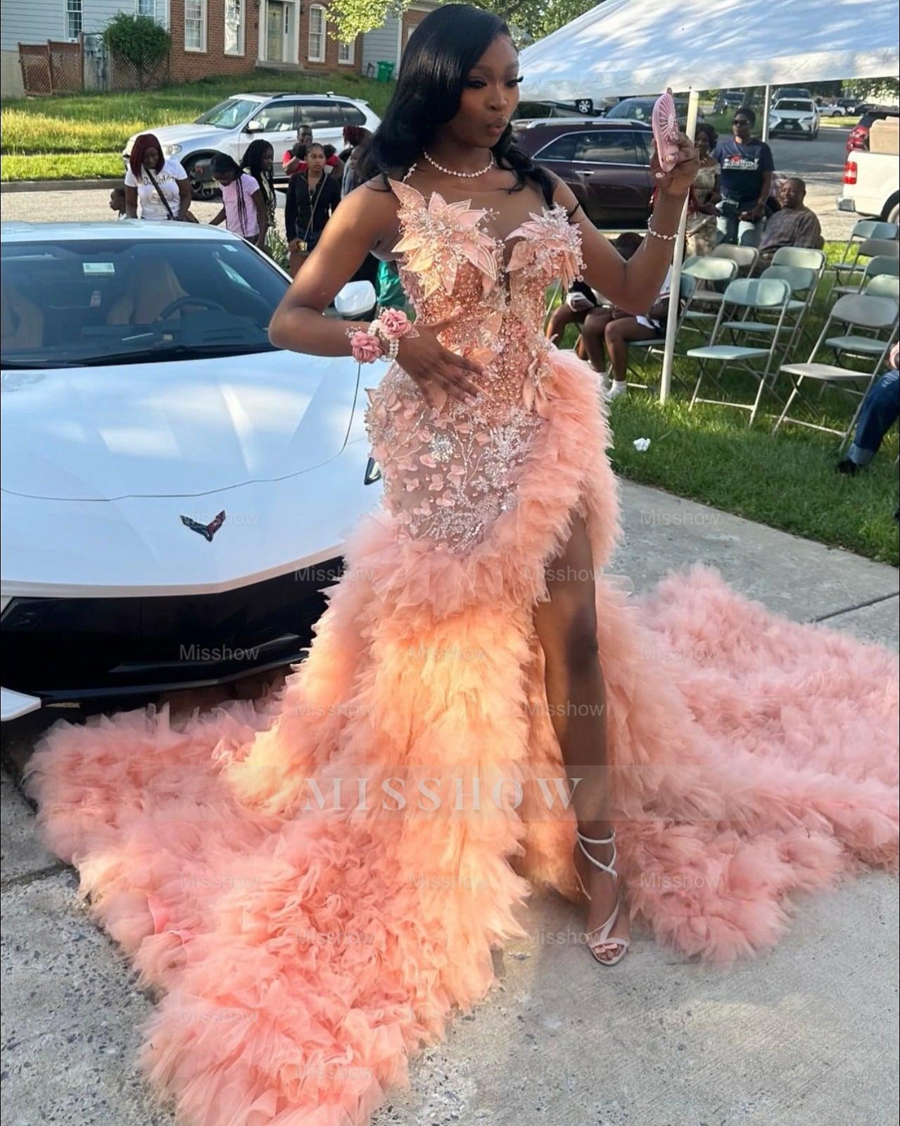 Dusty rose v-neck split-front mermaid prom dress