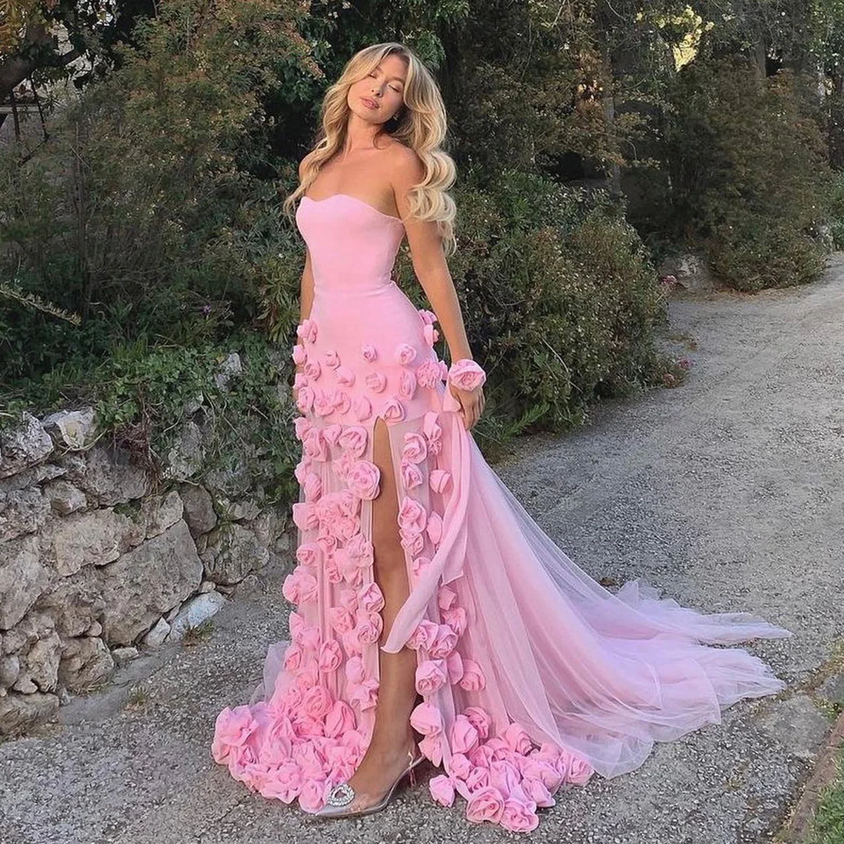 Chic Long Pink 3D Flowers Strapless Mermaid Evening Dress With Side Slit