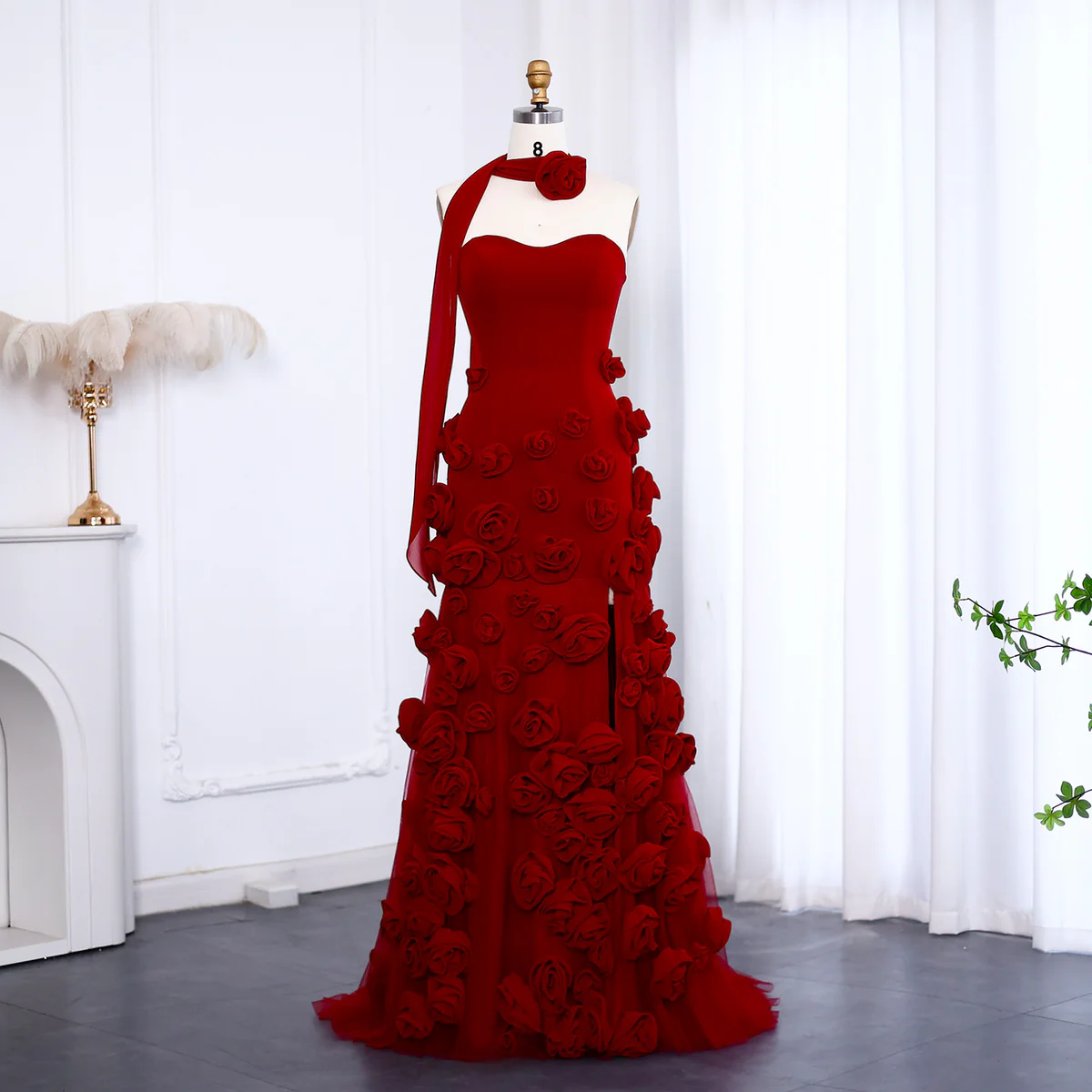 Chic Long Pink 3D Flowers Strapless Mermaid Evening Dress With Side Slit