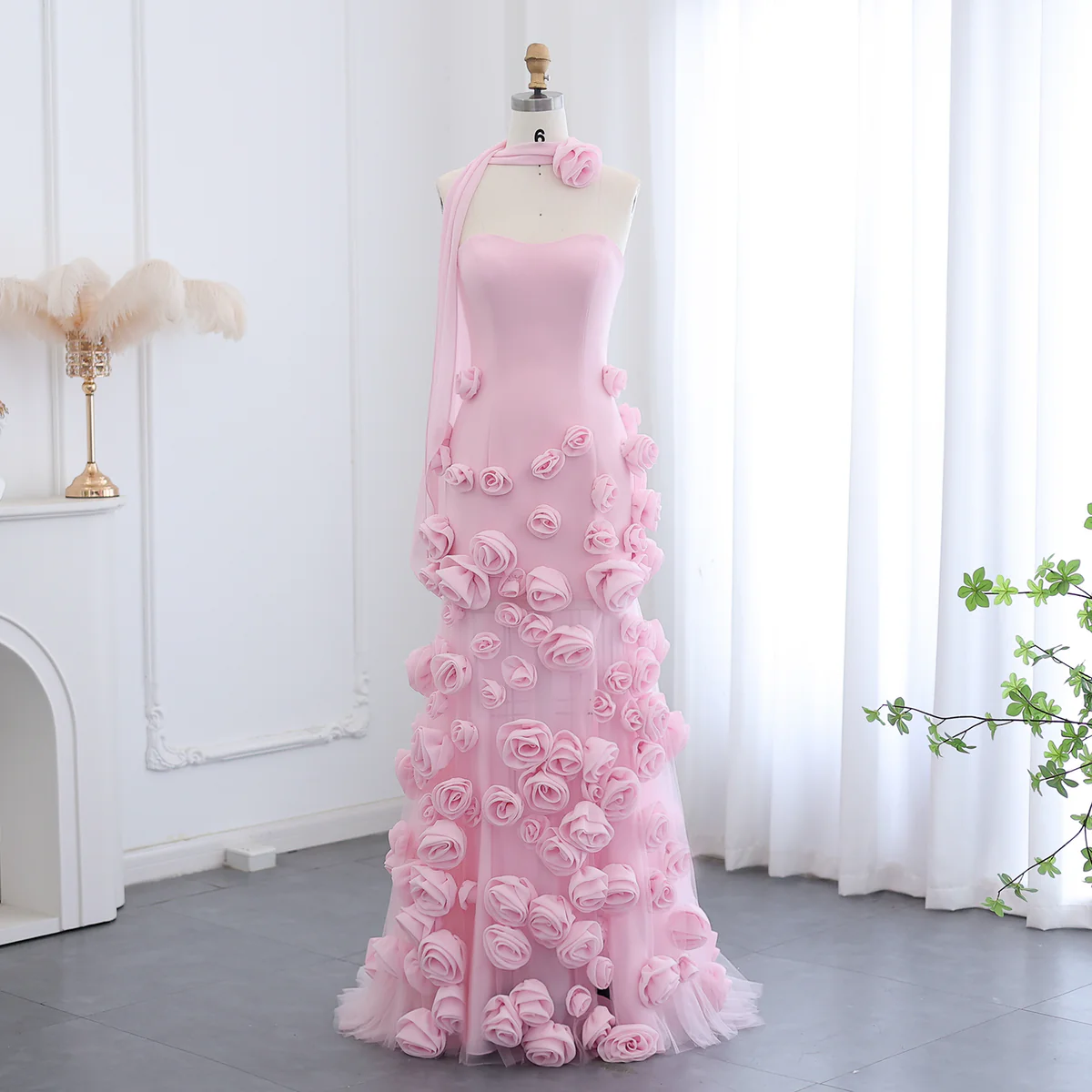 Chic Long Pink 3D Flowers Strapless Mermaid Evening Dress With Side Slit