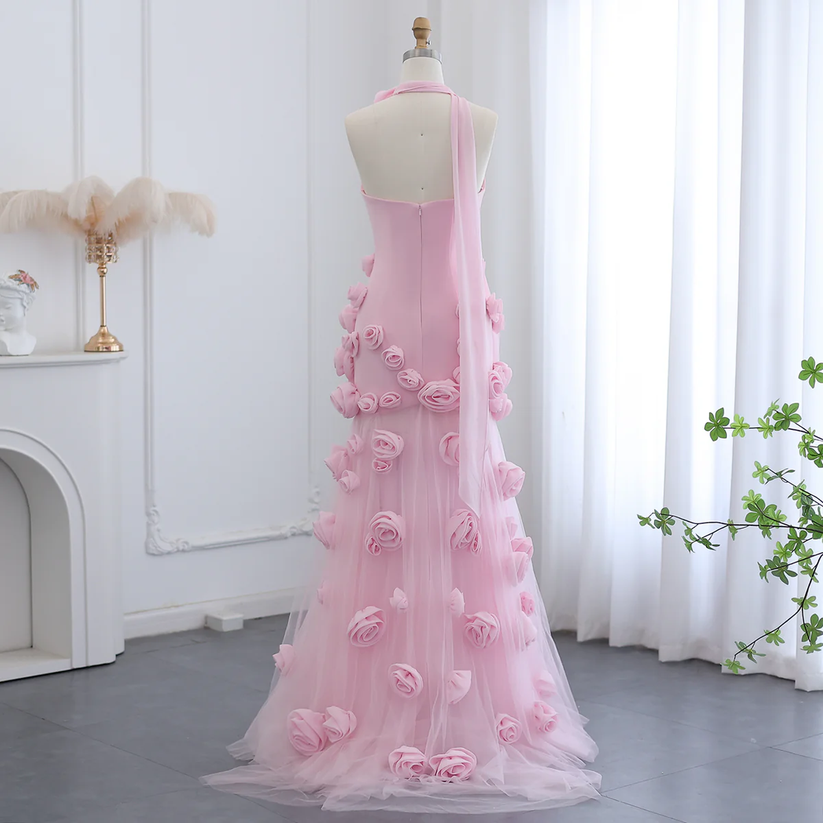 Chic Long Pink 3D Flowers Strapless Mermaid Evening Dress With Side Slit