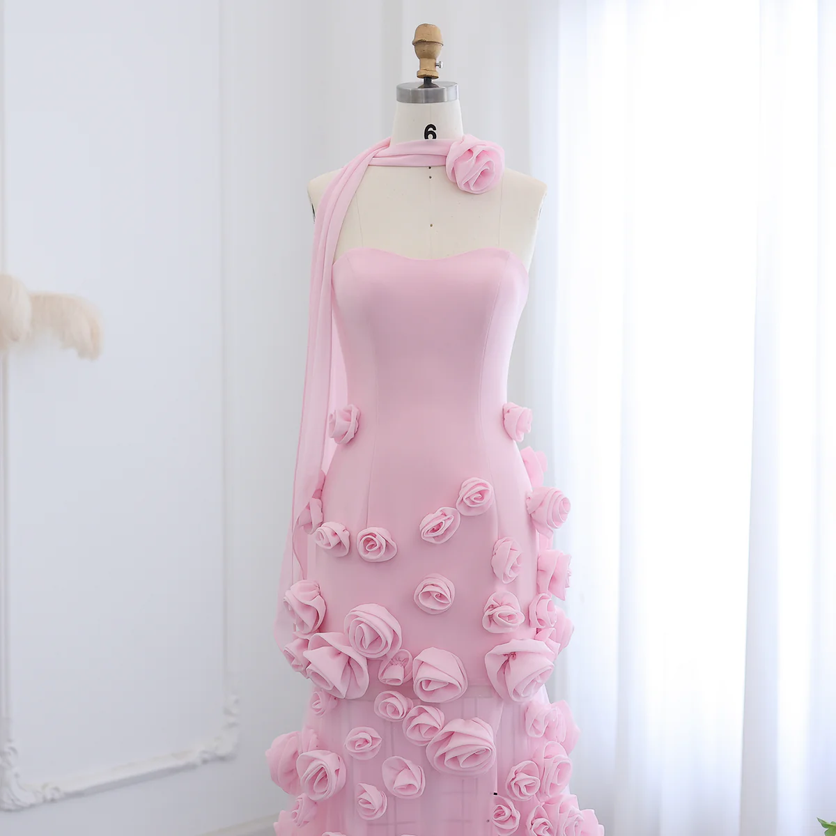 Chic Long Pink 3D Flowers Strapless Mermaid Evening Dress With Side Slit