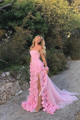 Chic Long Pink 3D Flowers Strapless Mermaid Evening Dress With Side Slit
