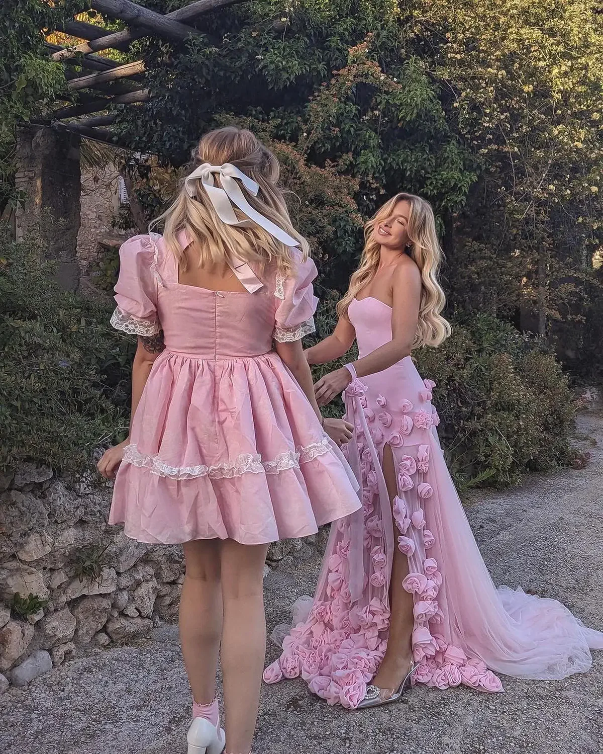 Chic Long Pink 3D Flowers Strapless Mermaid Prom Dress With Side Slit