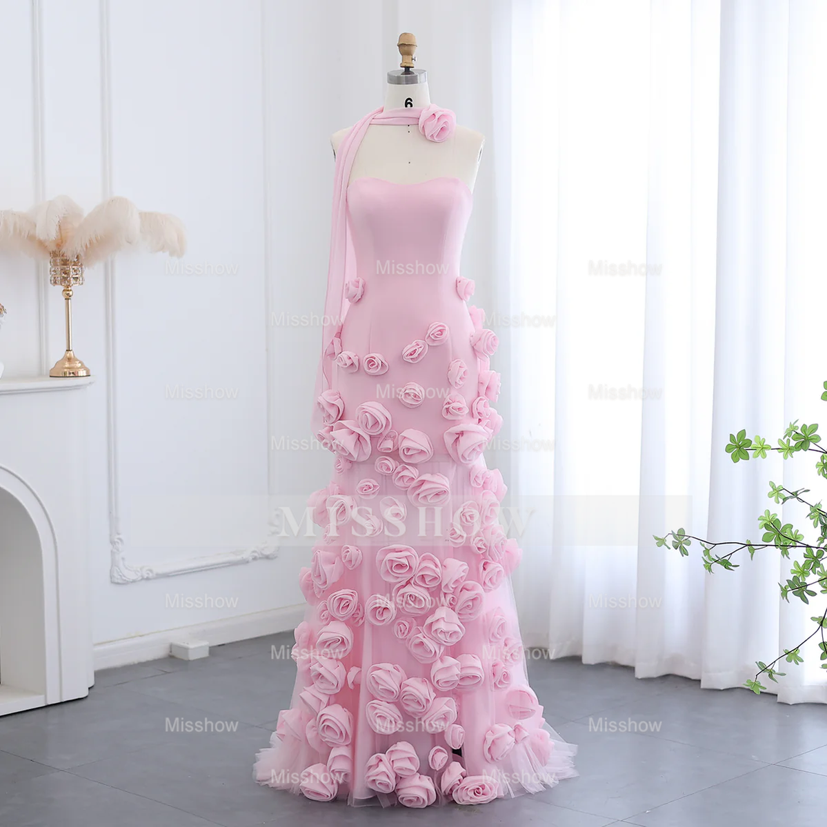 Chic Long Pink 3D Flowers Strapless Mermaid Prom Dress with Side Slit Chic Long Pink 3D Flowers Strapless Mermaid Prom Dress with Side Slit