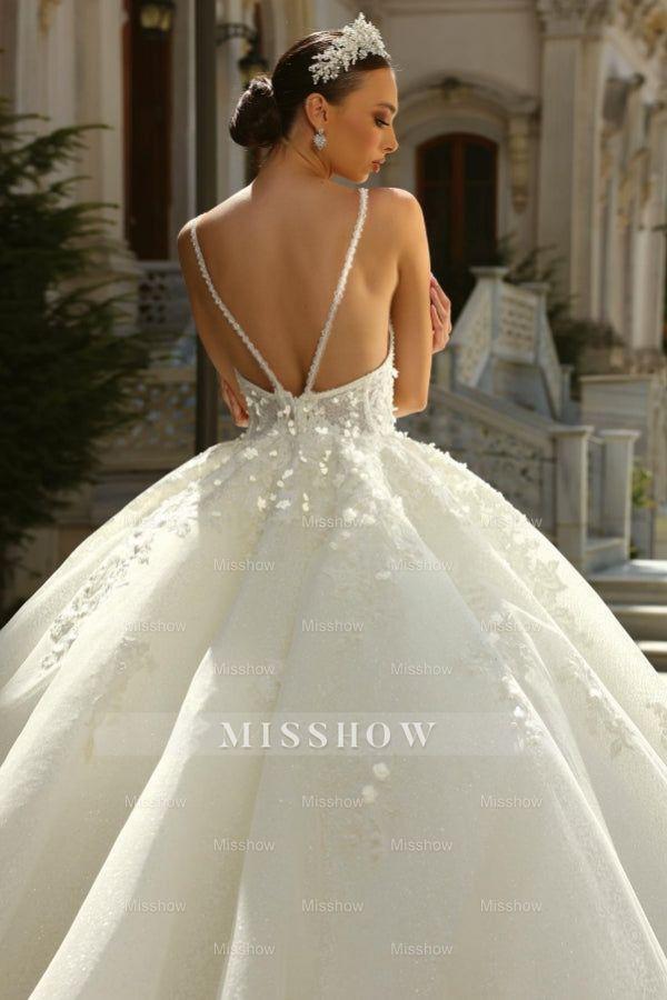Chic Long Princess A-line Ivory Spaghetti Straps Tulle Lace Wedding Dress with Glitter Chic Long Princess A-line Ivory Spaghetti Straps Tulle Lace Wedding Dress with Glitter