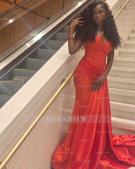 Chic Long Red Sweetheart Sleeveless Mermaid Prom Dress with Rhinestones and Sequins