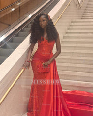 Chic Long Red Sweetheart Sleeveless Mermaid Prom Dress with Rhinestones and Sequins