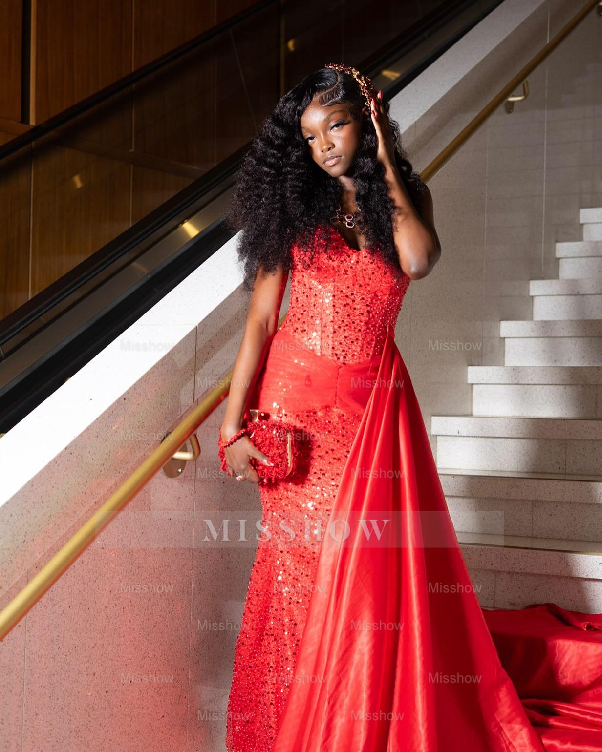 Chic Long Red Sweetheart Sleeveless Mermaid Prom Dress with Rhinestones and Sequins
