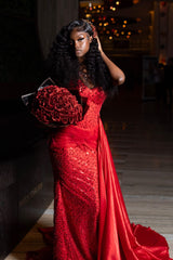 Chic Long Red Sweetheart Sleeveless Mermaid Prom Dress with Rhinestones and Sequins