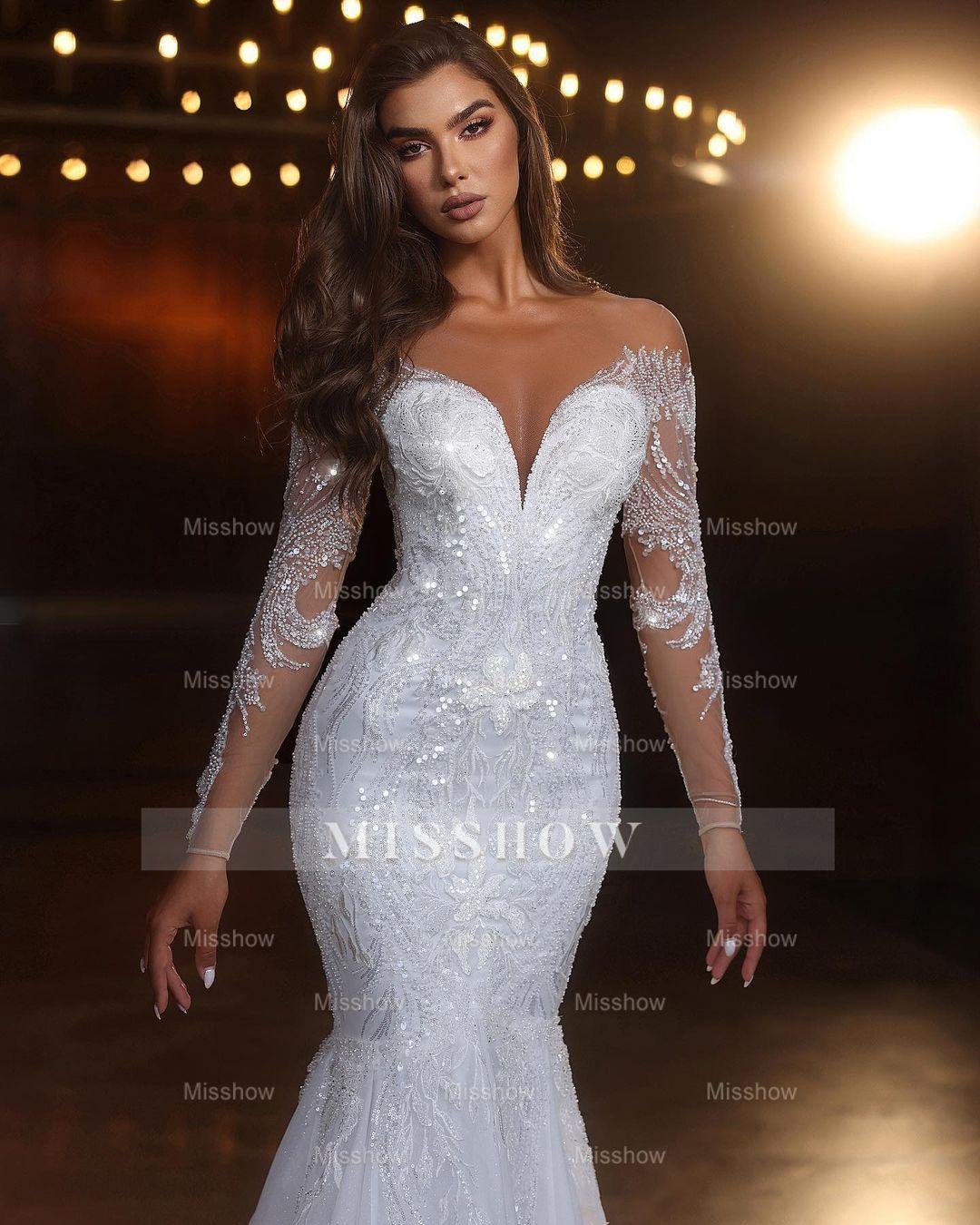 Chic Long White Mermaid Lace Beading Tulle Long Sleeves Wedding Dress