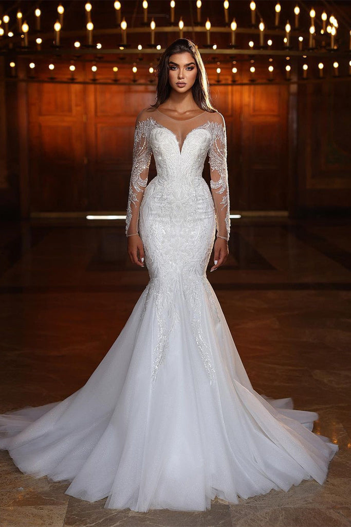 Chic Long White Mermaid Lace Beading Tulle Long Sleeves Wedding Dress misshow