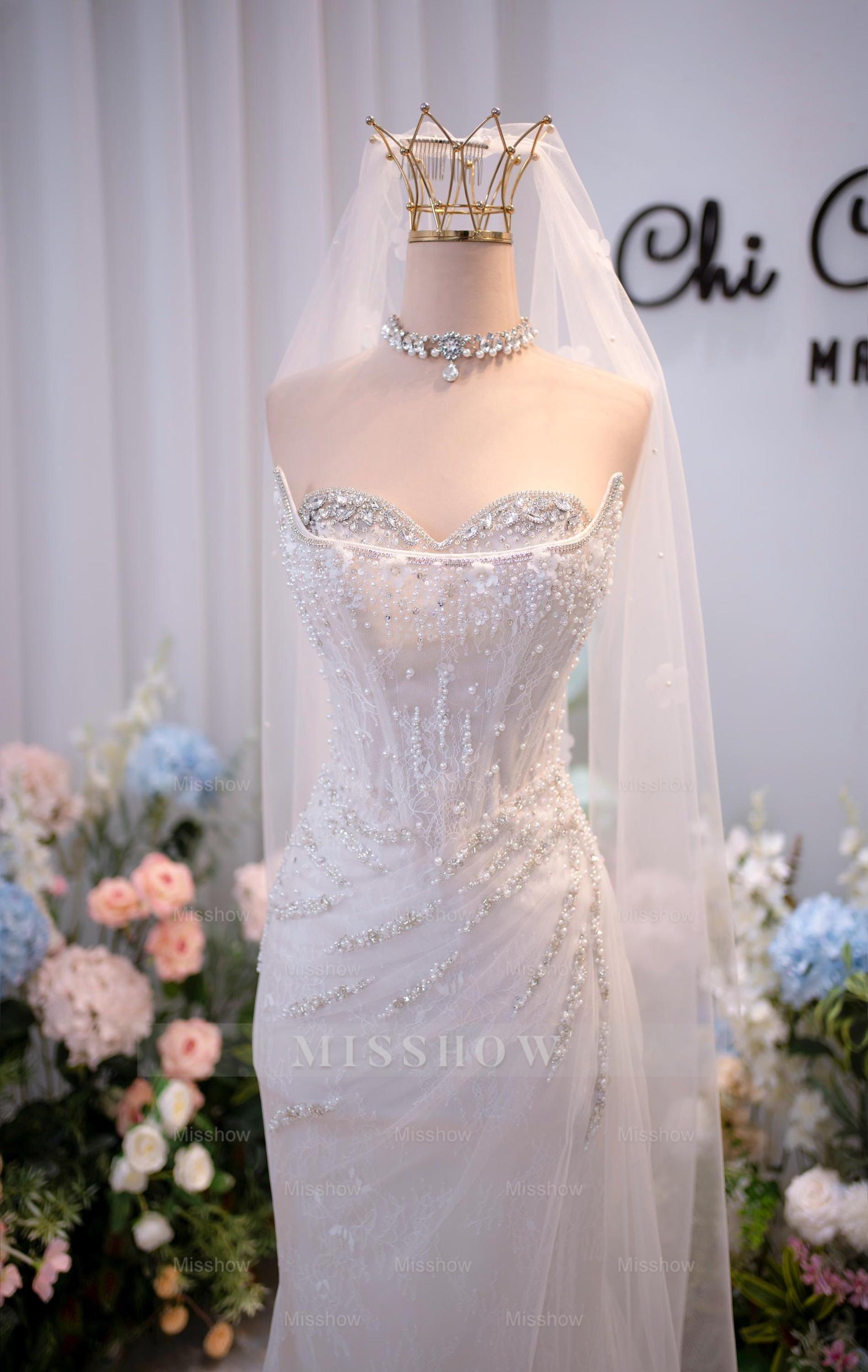 Chic Long White Strapless Mermaid Beaded Sleeveless Wedding Dress