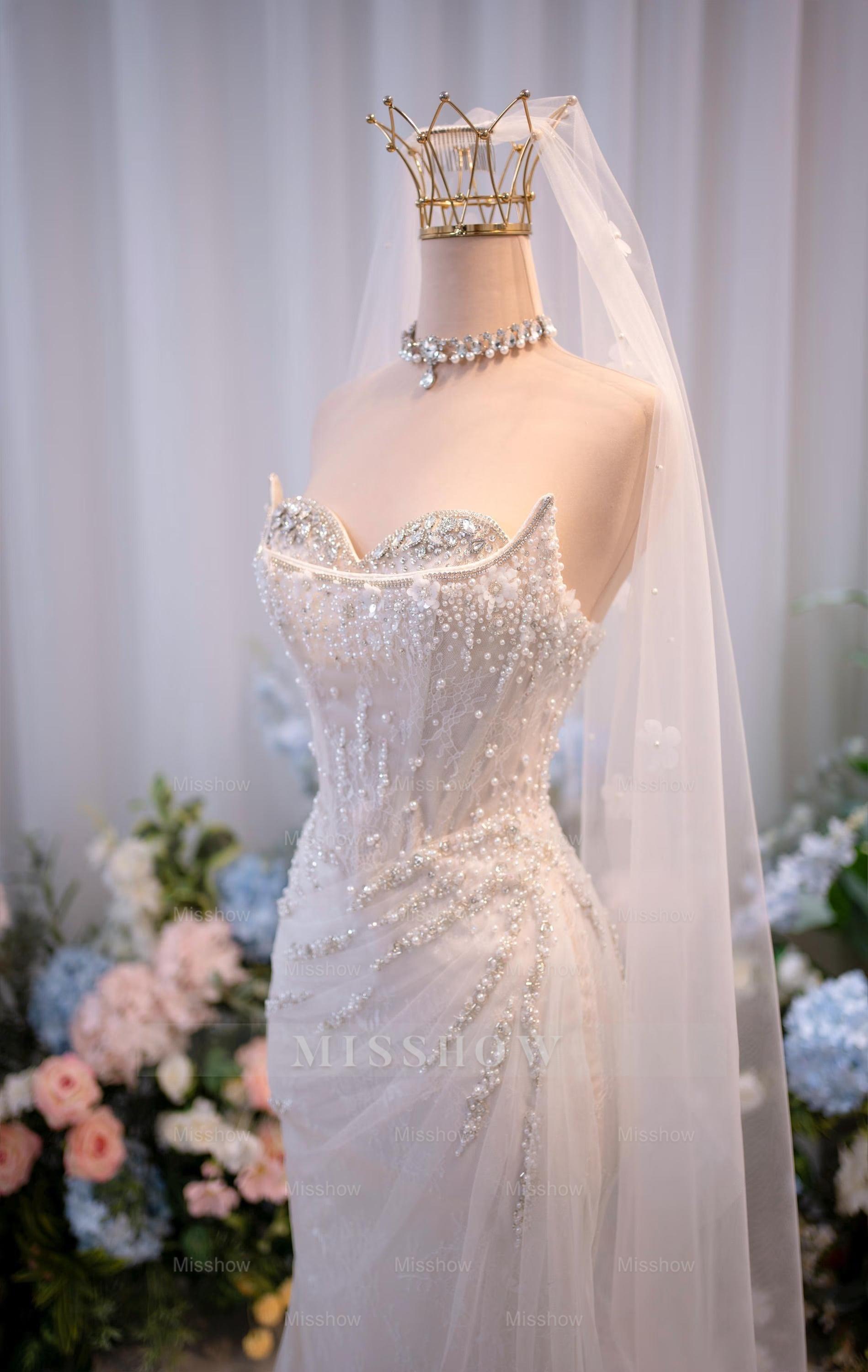 Chic Long White Strapless Mermaid Beaded Sleeveless Wedding Dress