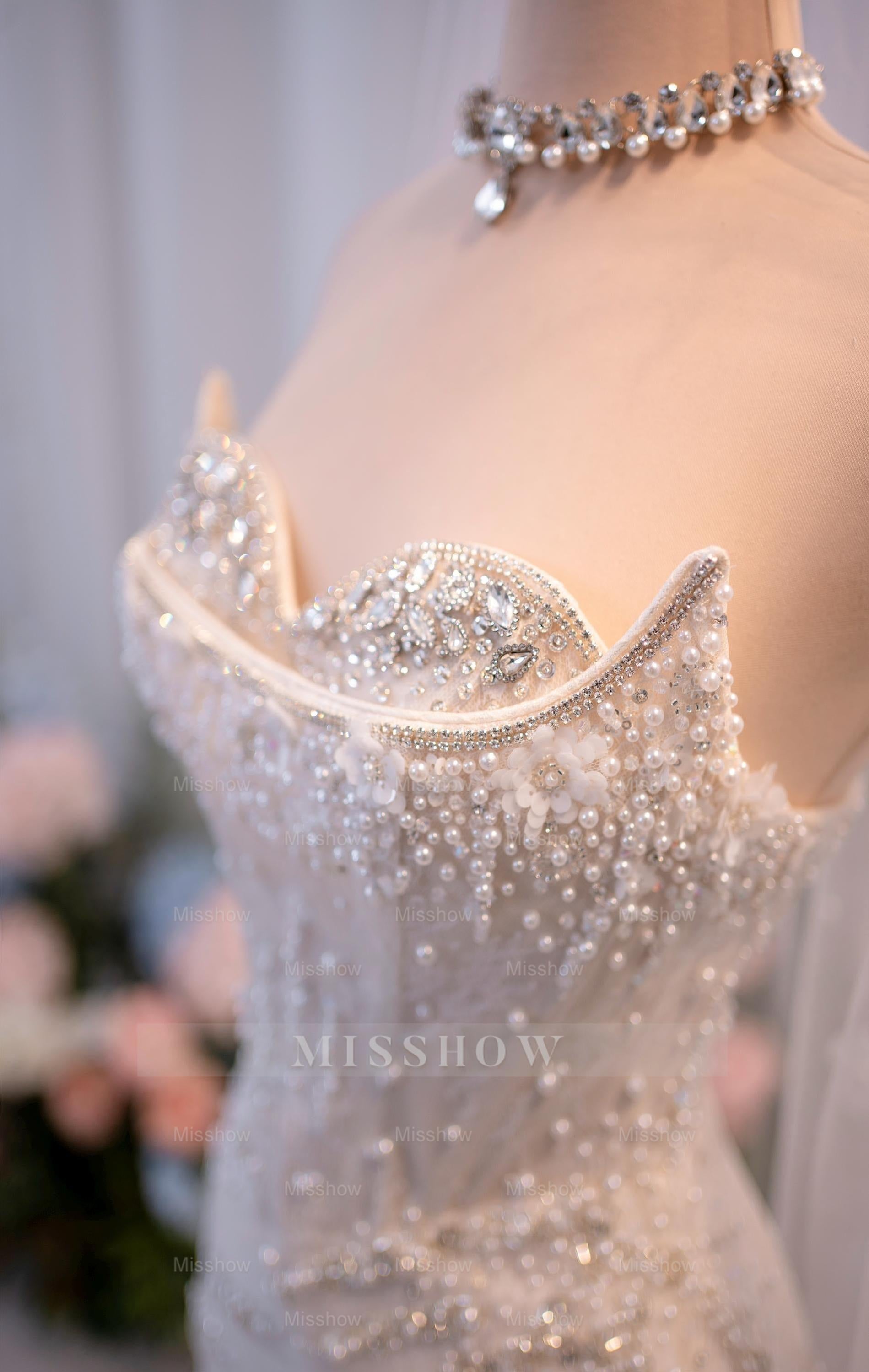 Chic Long White Strapless Mermaid Beaded Sleeveless Wedding Dress