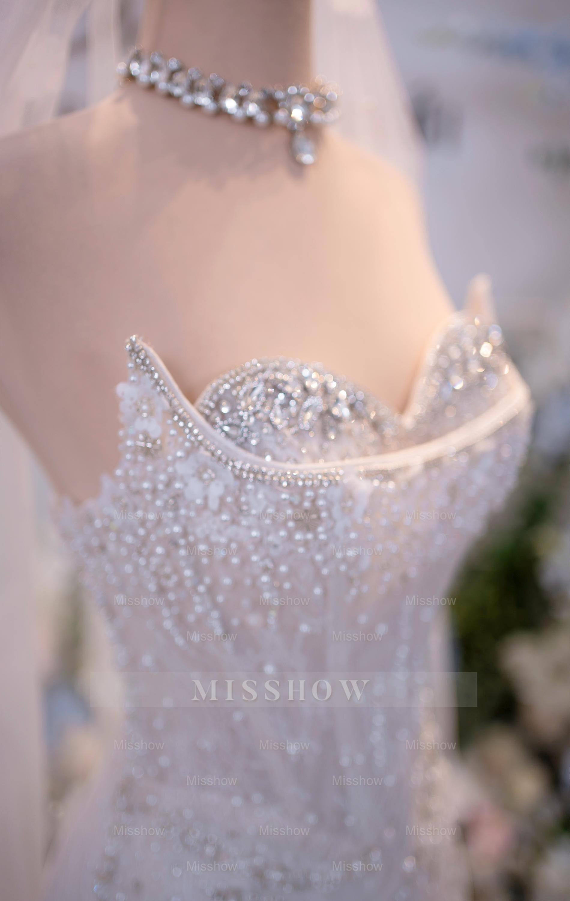 Chic Long White Strapless Mermaid Beaded Sleeveless Wedding Dress