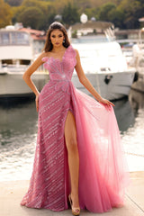 Chic Mermaid Strapless Sleeveless Sequined Panel Train Long Tulle Evening Dresses With Silt