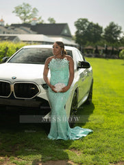 Chic Mint Green Strapless Sleeveless Mermaid Sequined Prom Dress with Rhinestones and Beadings