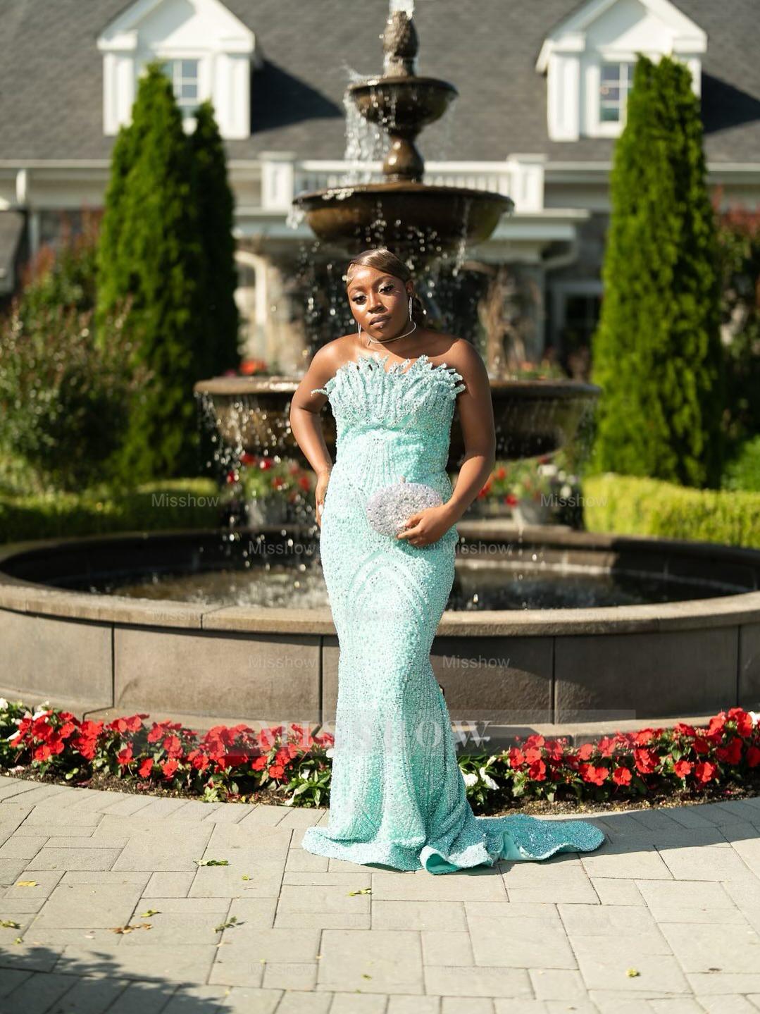 Chic Mint Green Strapless Sleeveless Mermaid Sequined Prom Dress with Rhinestones and Beadings