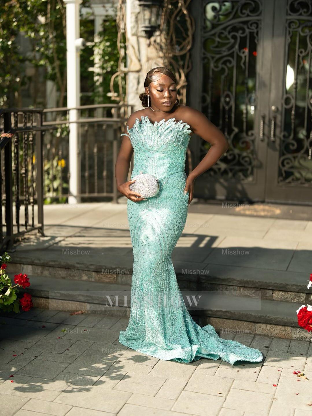 Chic Mint Green Strapless Sleeveless Mermaid Sequined Prom Dress with Rhinestones and Beadings