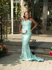 Chic Mint Green Strapless Sleeveless Mermaid Sequined Prom Dress with Rhinestones and Beadings
