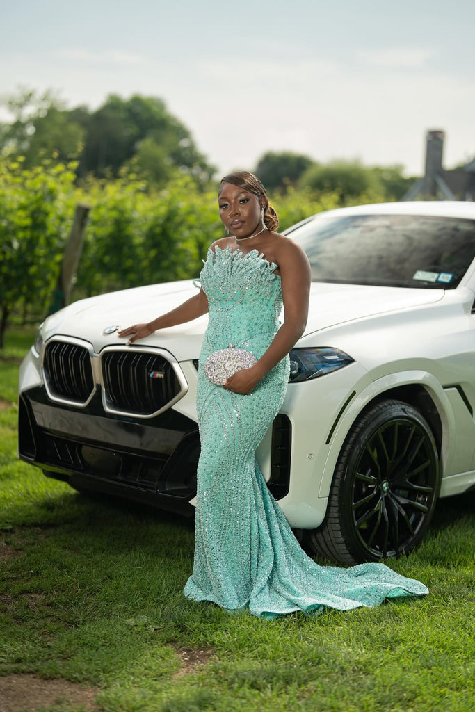 mint green prom dress with rhinestones Chic Mint Green Strapless Sleeveless Mermaid Sequined Prom Dress with  Rhinestones and Beadings