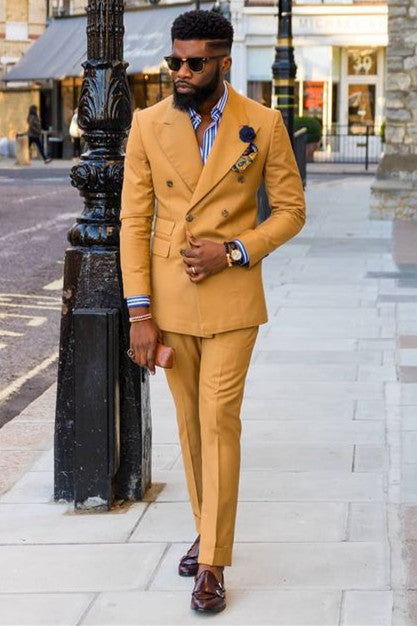 Chic Mustard Double Breasted Peak Lapel Custom Men’s Suits