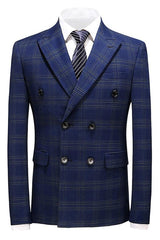 Chic Navy Blue Double Breasted Checkered Men's Business Suit