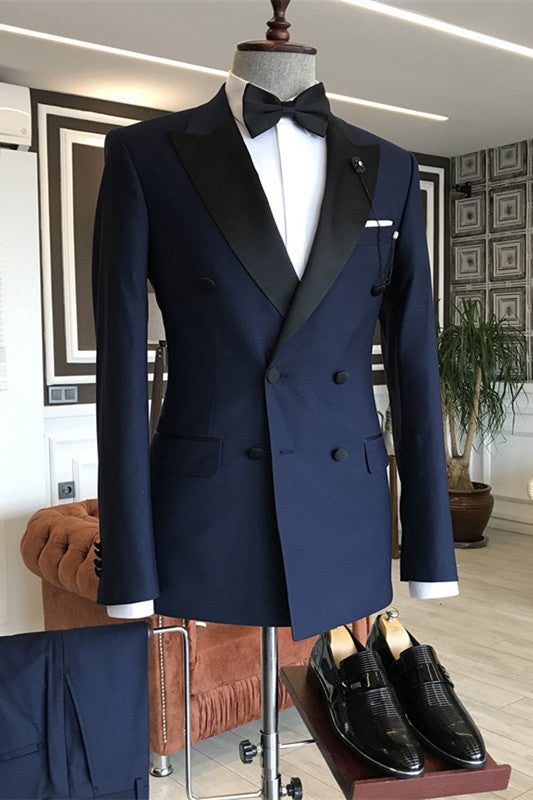 Chic Navy Blue Double Breasted Peaked Lapel Business Suit