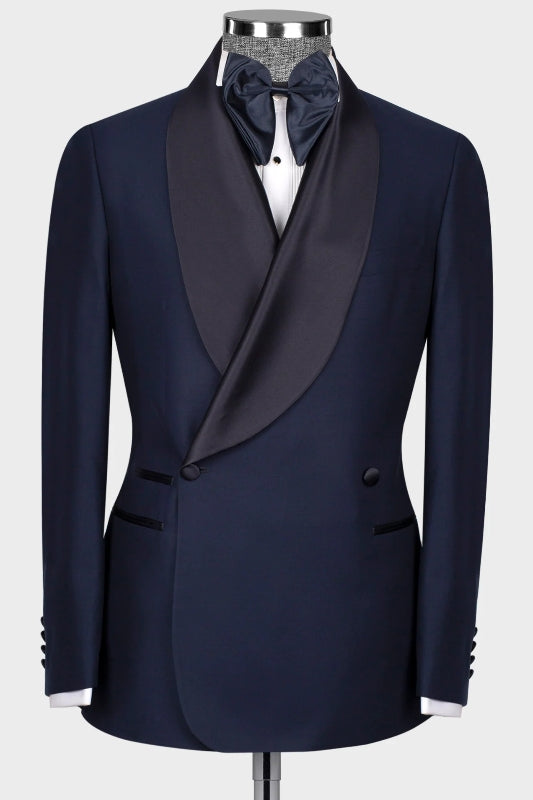 Chic Navy Blue Shawl Lapel Double-Breasted Suit