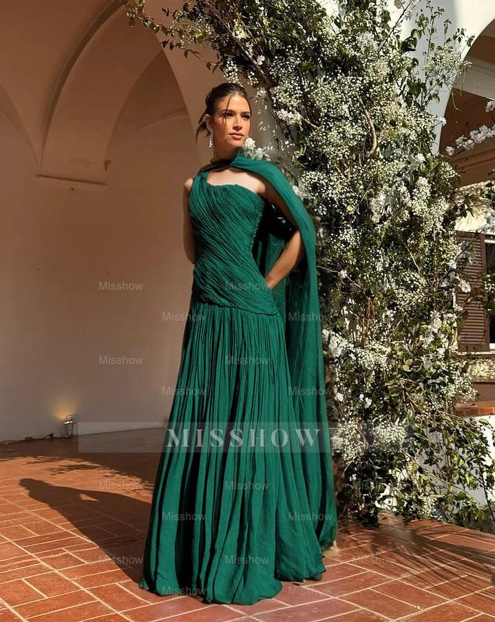 Chic One Shoulder Sleeveless Long Formal Dress With Pleated Shawl