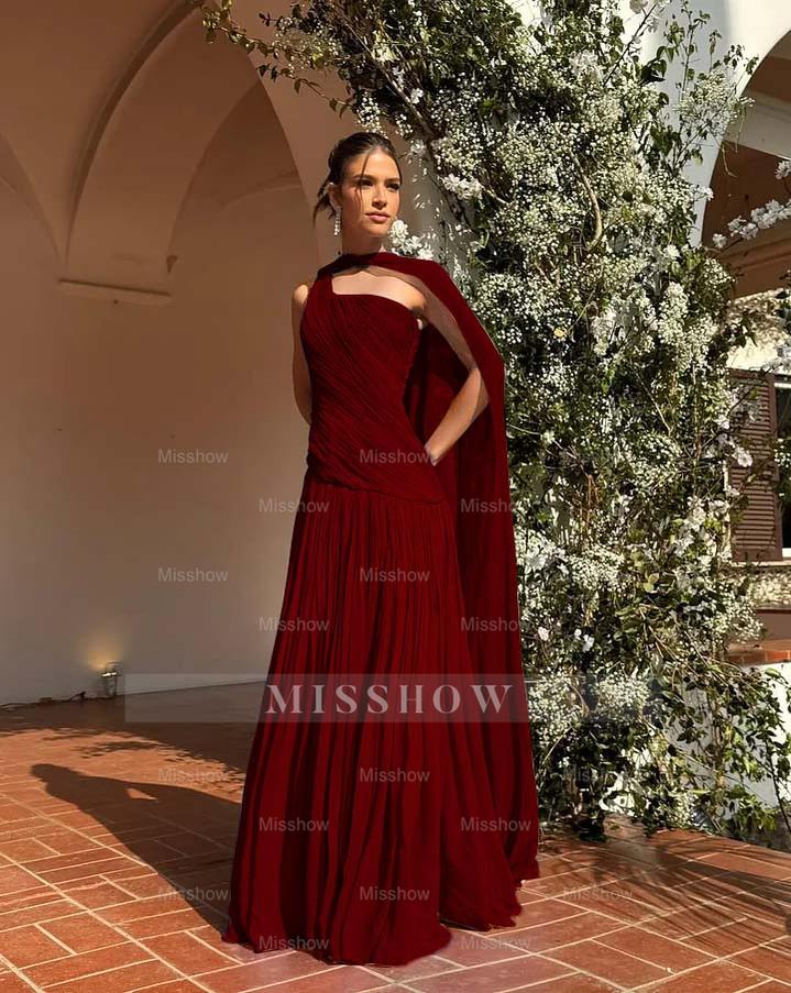Chic One Shoulder Sleeveless Long Formal Dress With Pleated Shawl