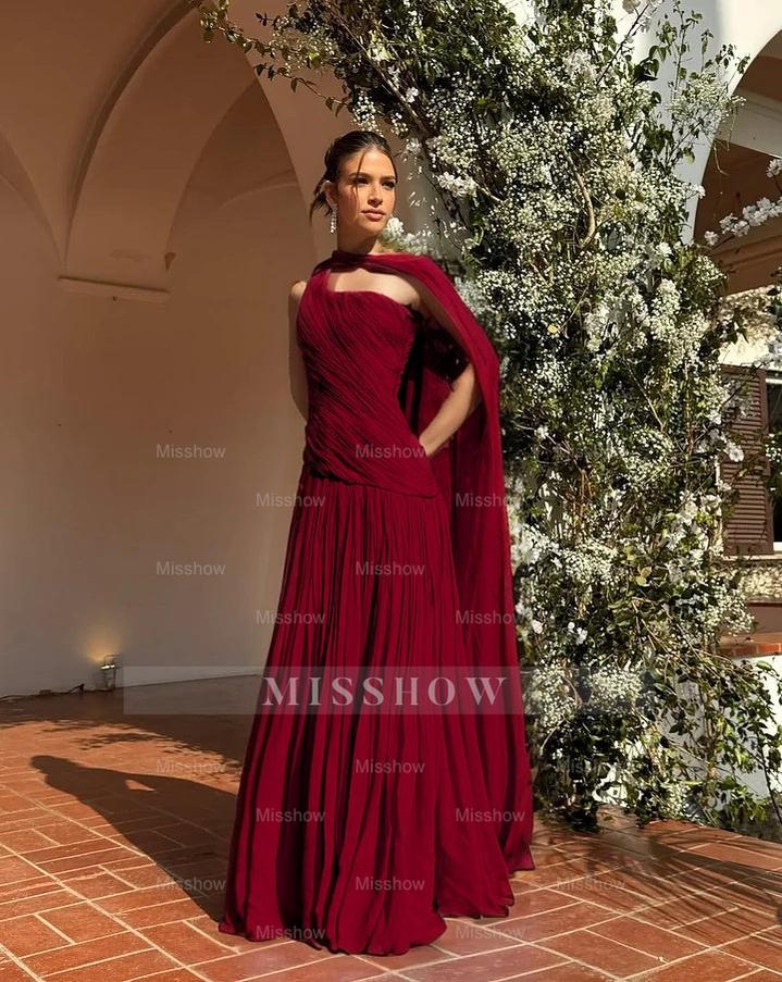 Chic One Shoulder Sleeveless Long Formal Dress With Pleated Shawl