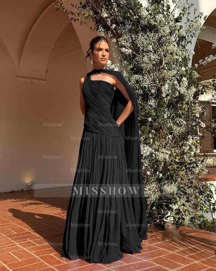 Chic One Shoulder Sleeveless Long Formal Dress With Pleated Shawl