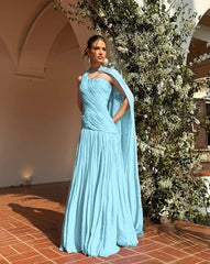 Chic One Shoulder Sleeveless Long Formal Dress With Pleated Shawl