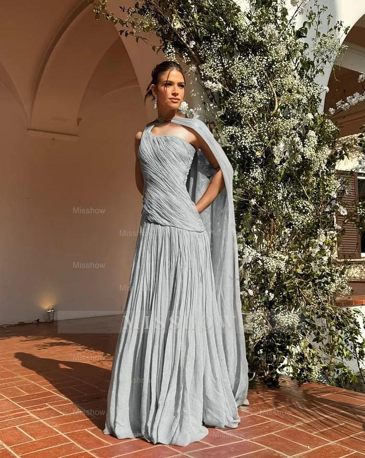 Chic One Shoulder Sleeveless Long Formal Dress With Pleated Shawl