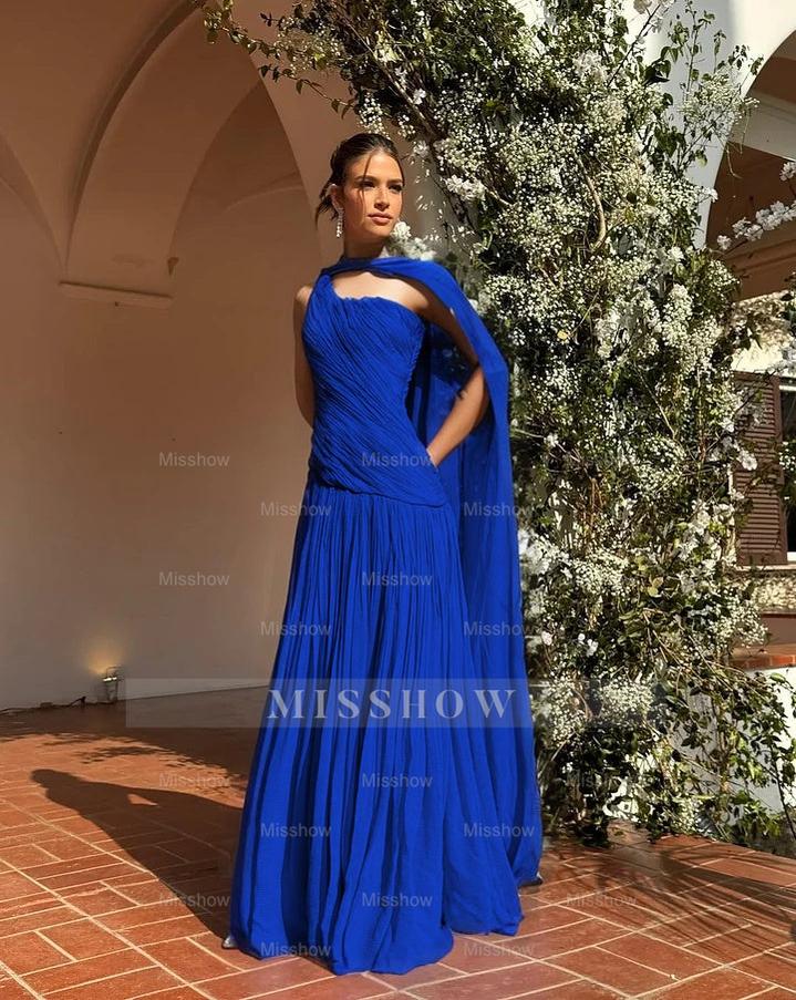 Chic One Shoulder Sleeveless Long Formal Dress With Pleated Shawl