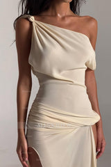 Chic One Shoulder Sleeveless Long Formal Dress With Split Pleated