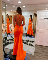 Chic Orange Criss-Cross Straps Sleeveless Mermaid Prom Dress with Sweep Train
