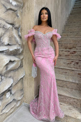 Chic Pink Mermaid Sweetheart Off-The-Shoulder Sleeveless Beaded Long Formal Dress With Rhinestones