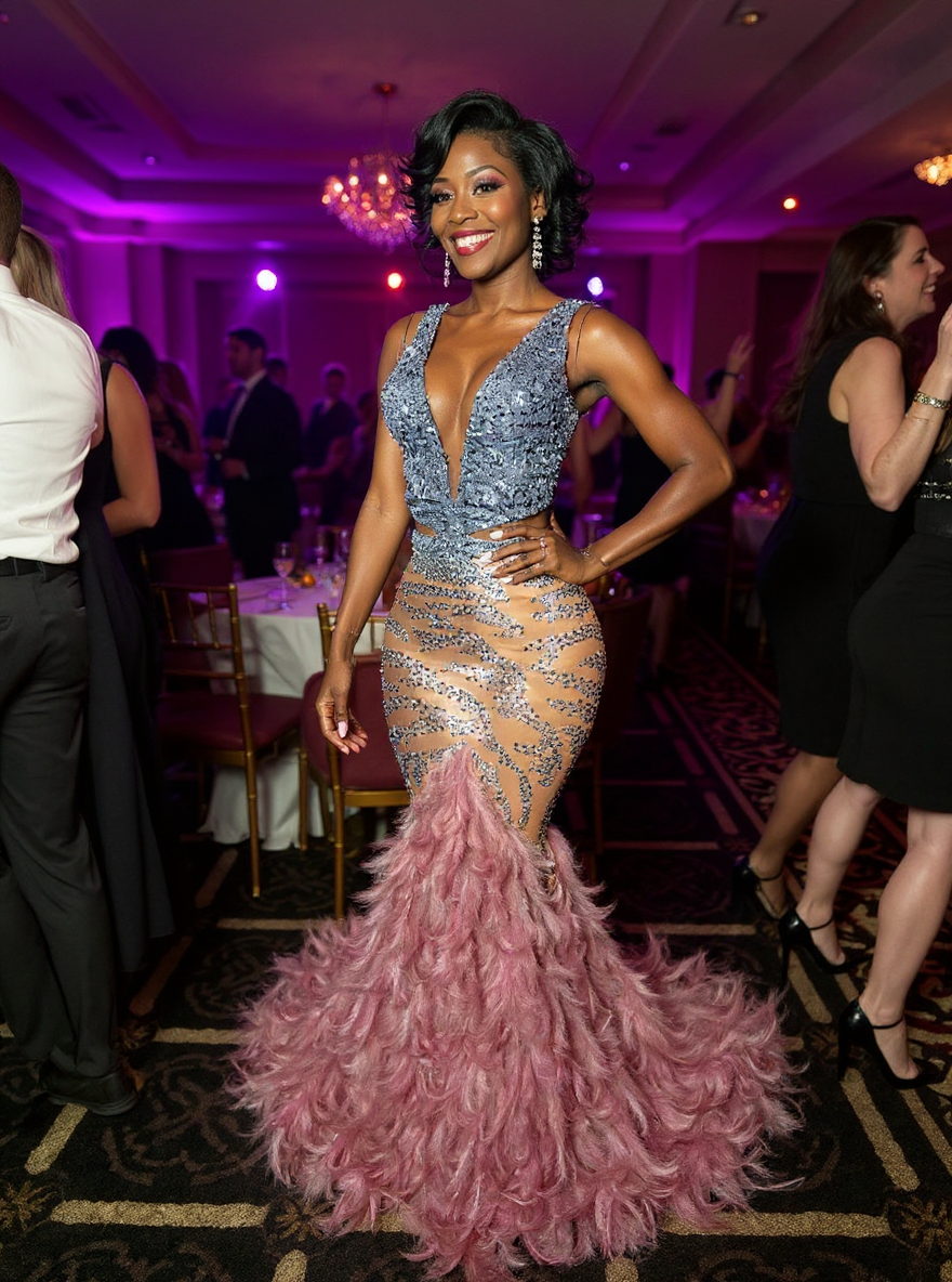 Chic Pink Mermaid V-Neck Sequined Beaded Sleeveless Floor-Length Evening Dresses With Feathers