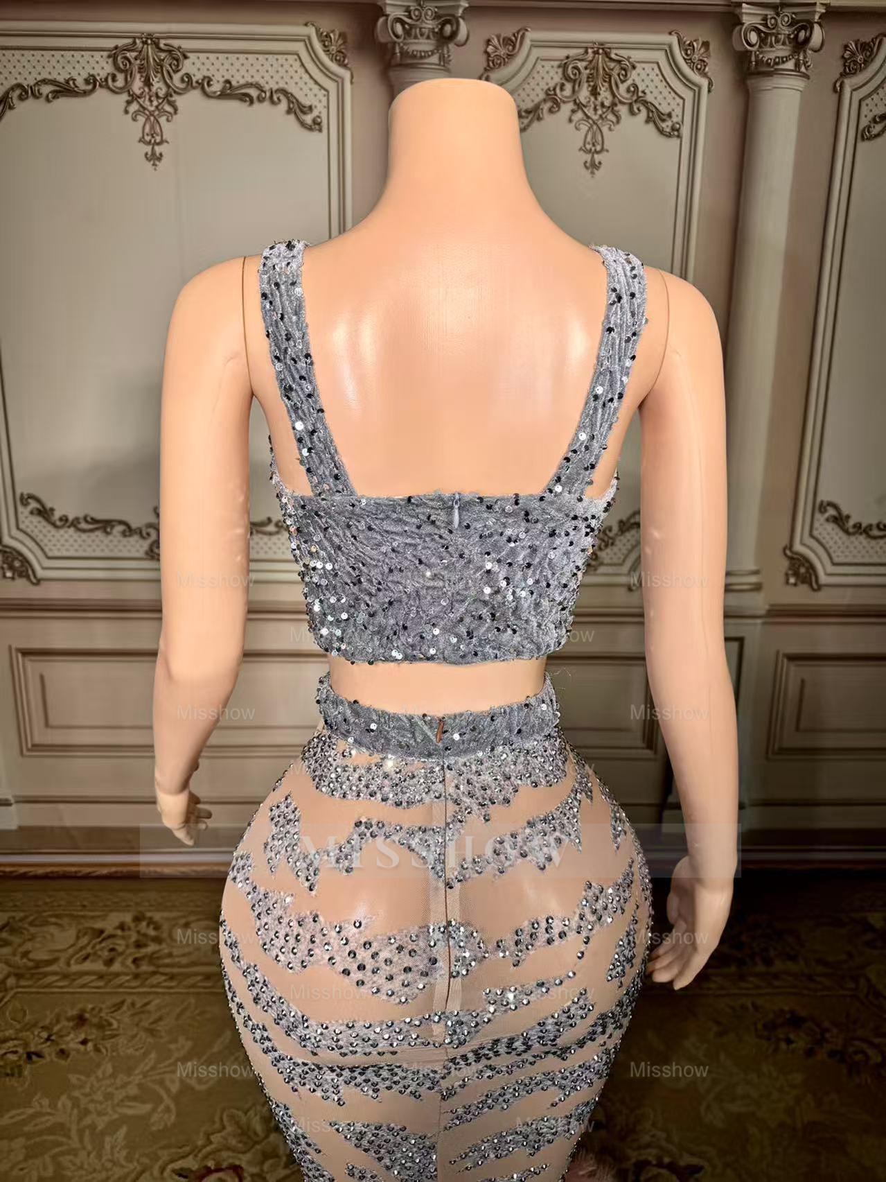 Chic Pink Mermaid V-Neck Sequined Beaded Sleeveless Floor-Length Prom Dresses With Feathers